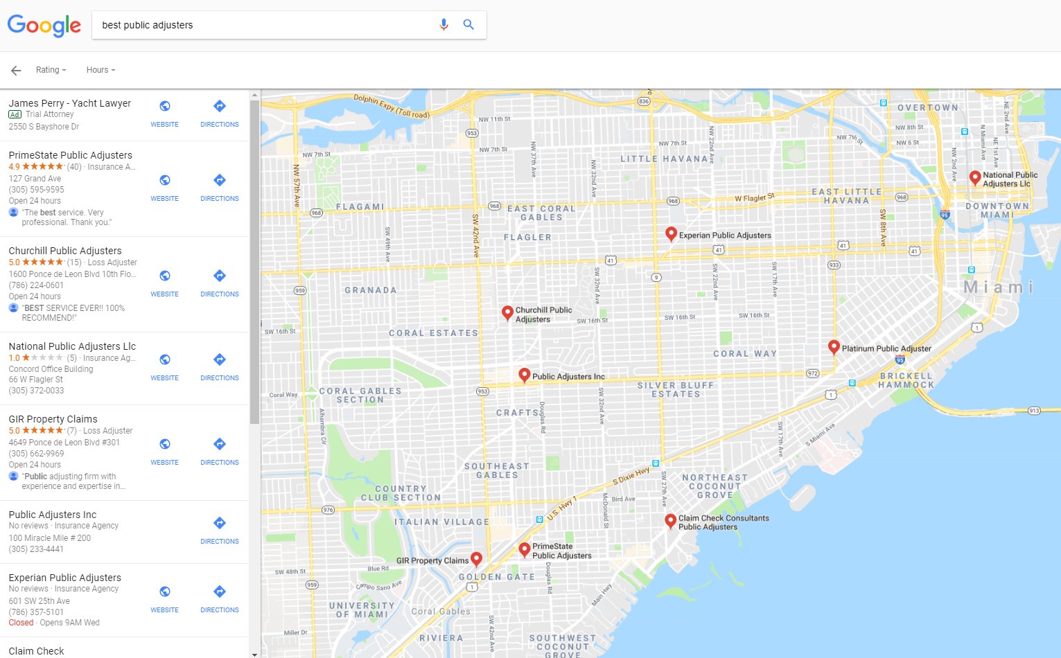 a google map of the best public adjusters in Miami, FL